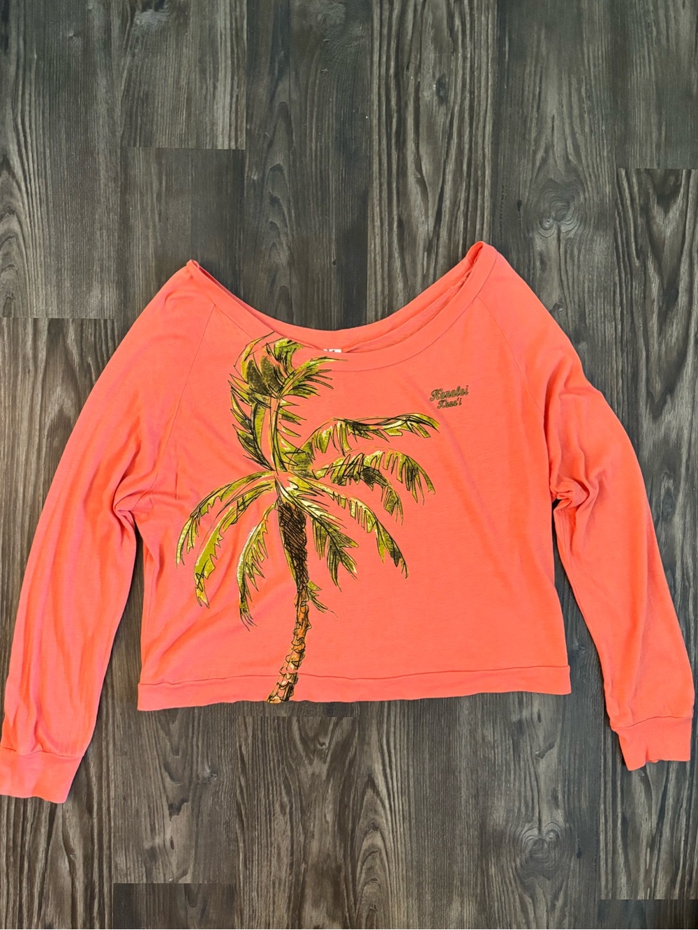 Hanalei Kaua’i Hawaii Palm Tree, Sz. L, Long Sleeve Off-Shoulder Top - Coral